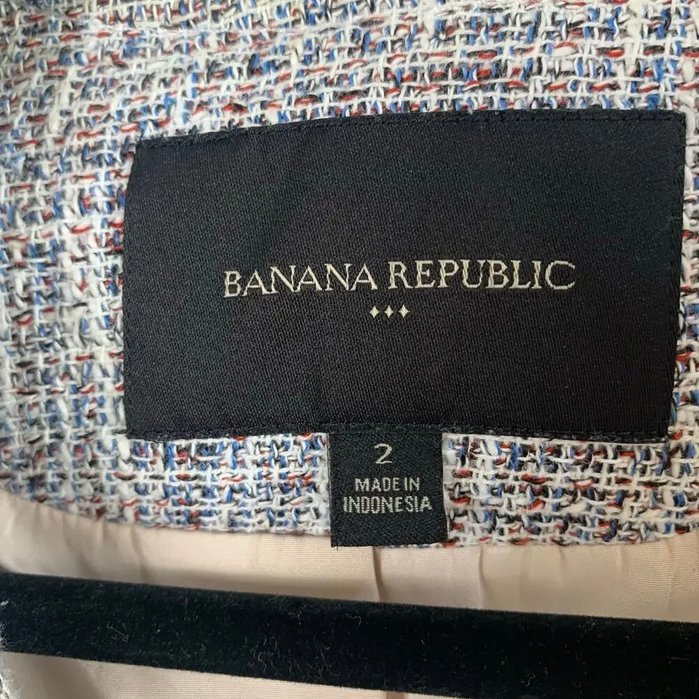 Banana Republic Tweed Open Front Fringe Jacket Blazer Blue White Size 2